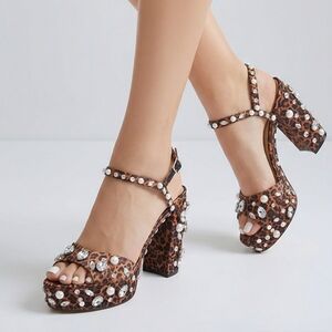 Gianni Bini Leopard Rhinestone/Beads Heels W/straps Women's Sz 9.5 & 10 NWOB
